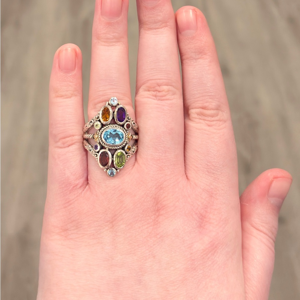 Sterling 18K Large Gemstone Ring, Bali Style Filigree Size 8.5 Rainbow Multigem - Picture 12 of 17